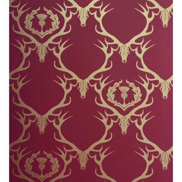 Barneby Gates Deer Damask Wallpaper Claret & Gold Designer UK Roll